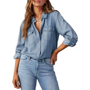 Astylish Women Button Down Denim Shirts Casual Long Sleeve V Neck Chambray Blouse Top