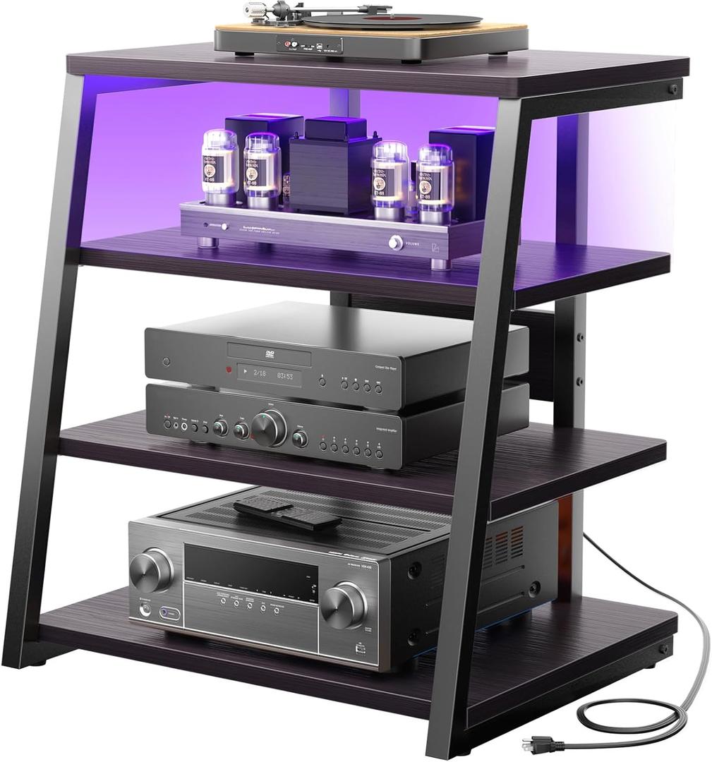 Armocity 4-Tier AV Media Stand with Power Strips, Corner TV Stand with LED Lights, Rack Audio Tower with Adjustable Shelves, Corner Entertainment Center, 30'', Black Ebony