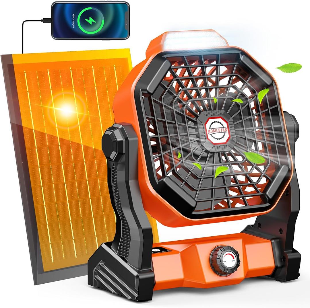 Rechargeable Solar Powered Fan, (30Hours Working) Solar Camping Fans & Led Lantern, 8-inch Portable Fan with 7W Solar Panel, Battery Operated Powered Outdoor Tent Fans for Camping Essentials Accessories, 10800mAh-Orange