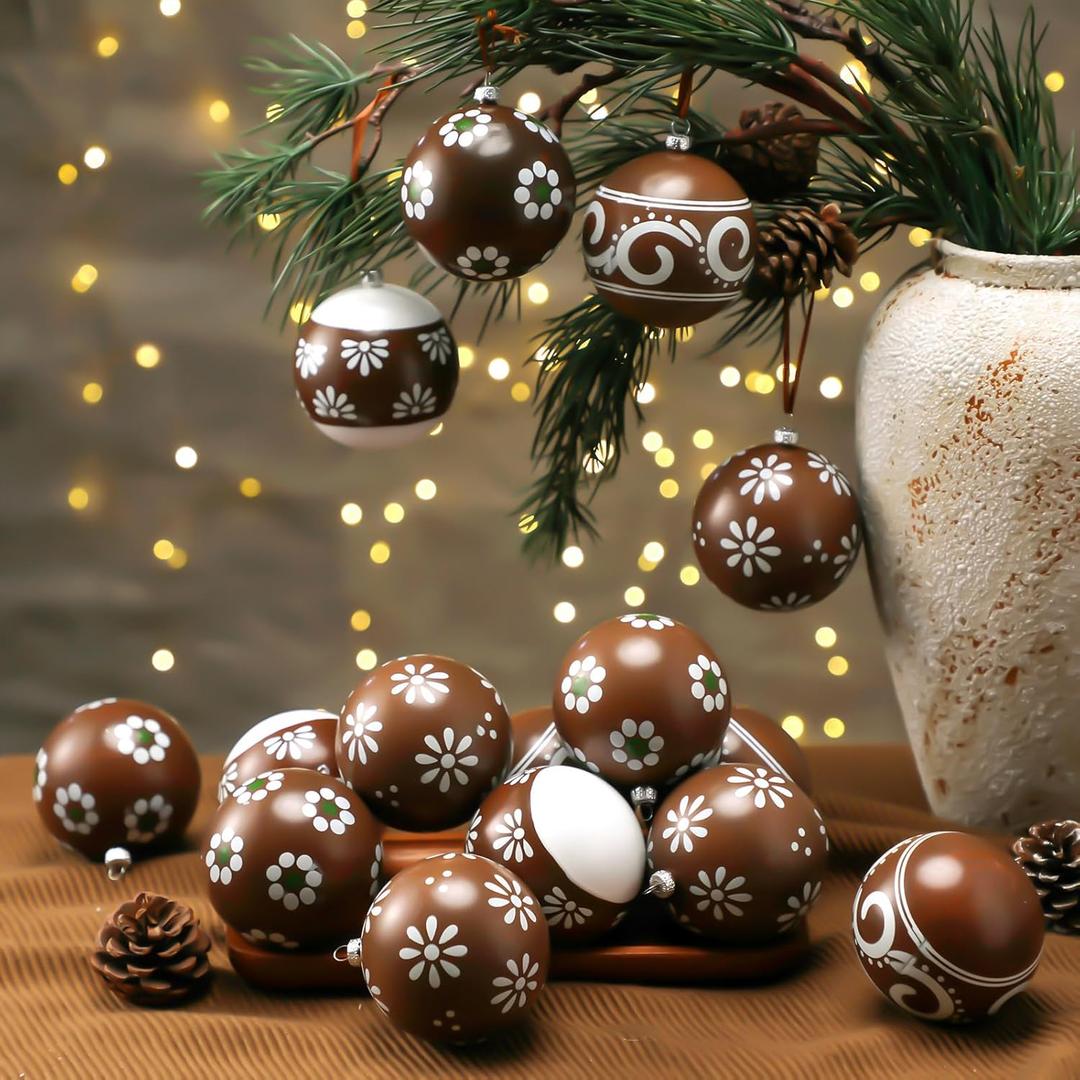 12 Pcs Mexican Talavera Christmas Ornaments Barro Neutral Christmas Tree Ornaments Brown Plastic Hand Painted Balls Cielito Lindo Farmhouse Modern Decor for Home Hispanic Party (3.15'')