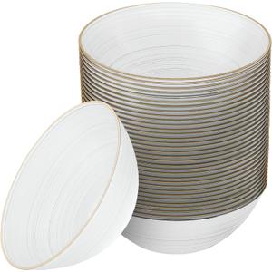 PLASTICPRO 32 Pieces Crystal Design Plastic Bowls 16 ounce Gold Rim Elegant Disposable Plates, Pearl White, Large