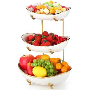Honeydak 3 Tier Ceramic Fruit Bowl for Kitchen Counter Tiered Fruit Stands for Kitchen Counter Ceramic Serving Display Bowls with Metal Stand for Dessert Snack Vegetable Storage, Party, Cute & Small