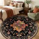 RELEANY Area Rugs 6ft Washable Non-Slip, Floral Vintage Distress Print Pattern Medallion Carpet for Living Room Bedroom Dining Room, Black Colorful Floral Dark Tan