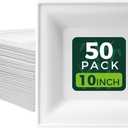 White 10-Inch Square Disposable Plates [50-Pack] - Compostable Heavy Duty Sugarcane Plates, Biodegradable Eco-Friendly Dinner Plates for Party