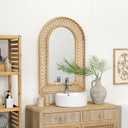 Arched Rattan Wall Mirror 24x36 Inch Boho Elegance with Woven Frame, Decorative Mirror for Bathroom Vanity Entryway Living Room