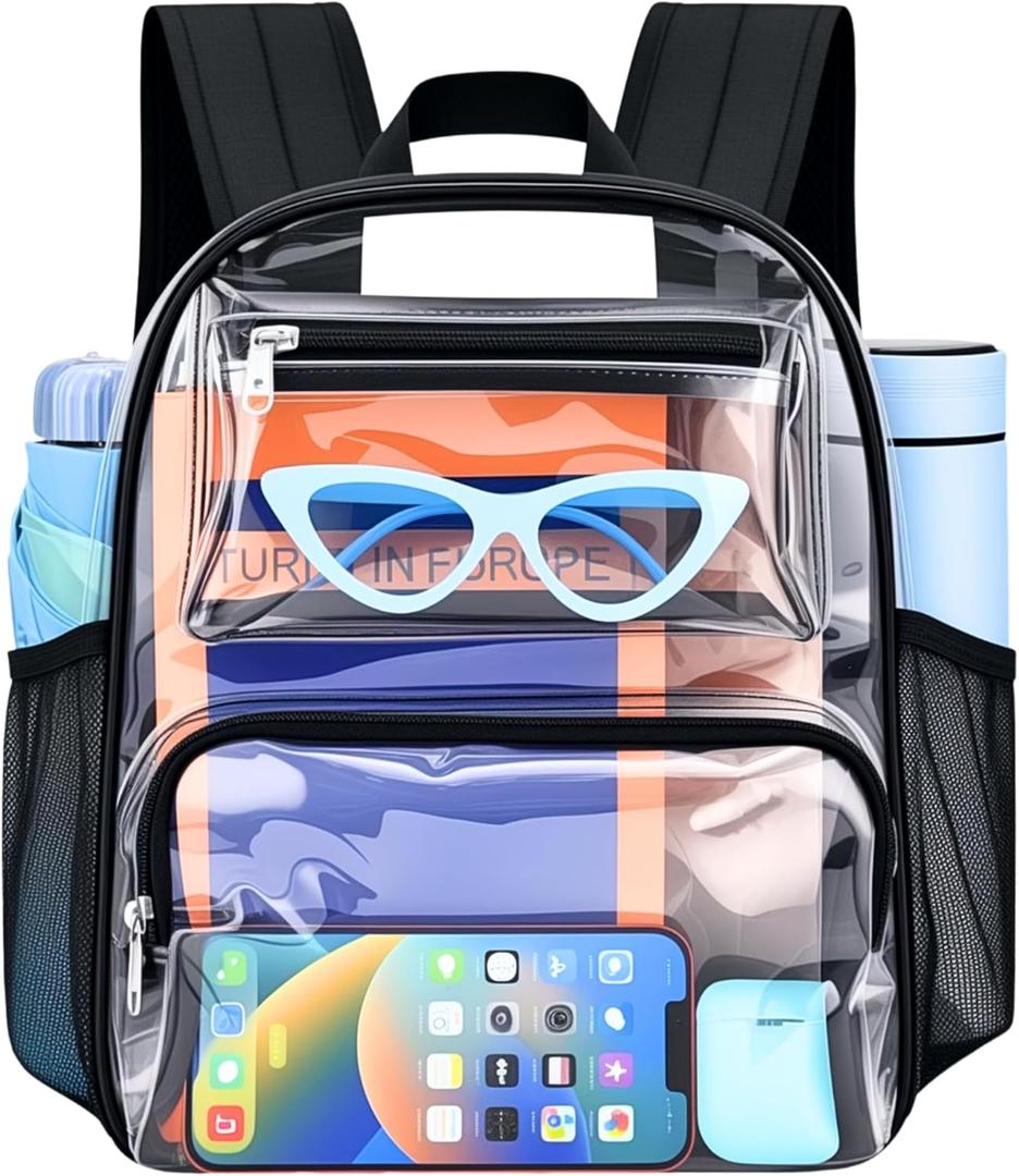 Clear Bag for Stadium Events, 12x6x12 Clear Backpack with Reinforced Strap, Stadium bag for Sports Concerts Work Travel, Black