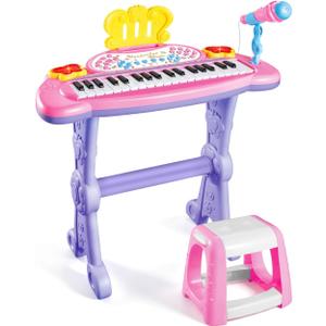 deAO Piano Keyboard Toys 37 Keys Toddler Pianos with Stool Microphone,Pink