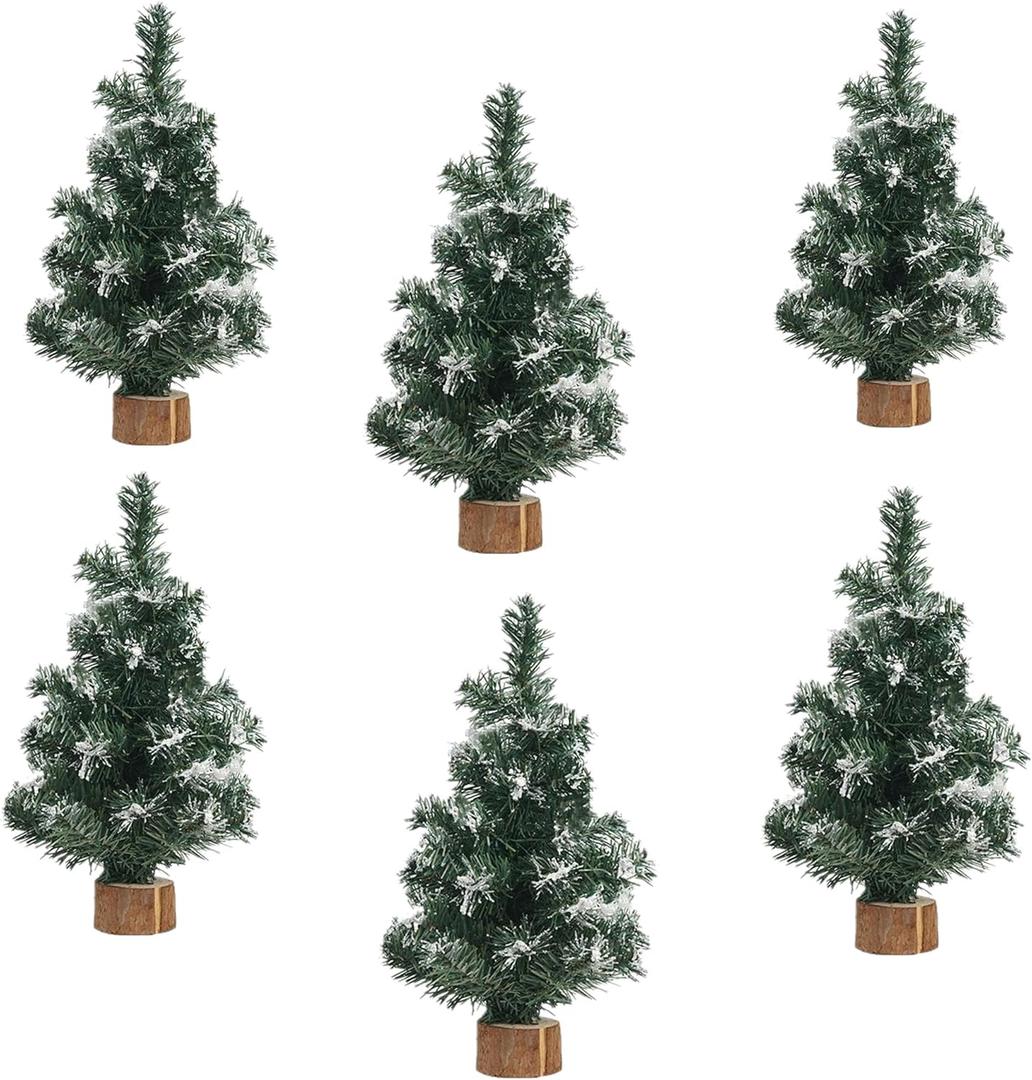 6 Pack Tabletop Mini Christmas Tree, 7.87" Artificial Snow Miniature Pine Green, White Christmas Tree with Wooden Base Christmas Decorations, Home, Kitchen, Dining Table