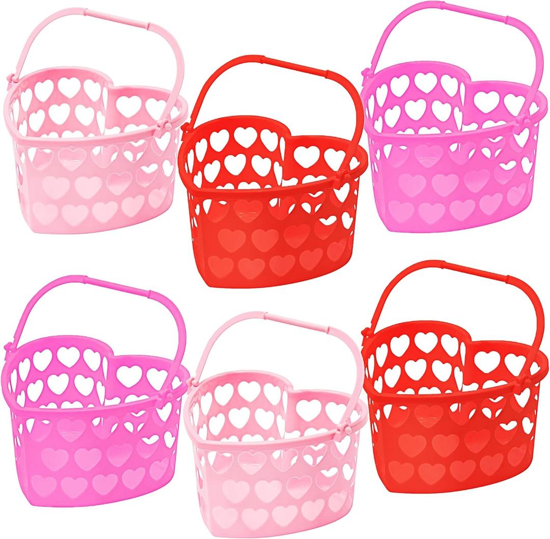 Zcaukya 6 Packs Valentines' Day Baskets, 7.1" x 7.9" x 4.3" Small Plastic Heart Shaped Basket with Handles, Heart Hollowed Baskets Holders for Romantic Party Wedding Part Decor (Pink Red Magenta-6 Packs)