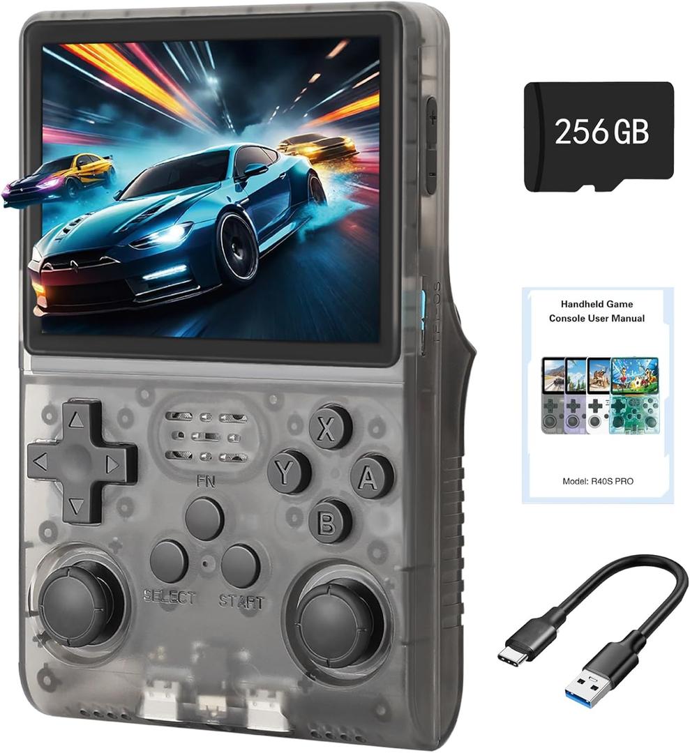 R40S Pro+ Handheld Game Console, 30000 in 1 Games Mini Retro Video Console, 3.5-Inch IPS Screen,256GB TF Memory Memory,Built in 45+ Emulators,3800mAh Battery (Transparent Black 256G)
