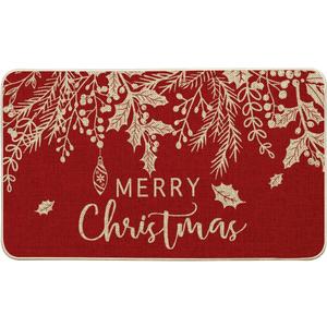 Artoid Mode Red Holly Mistletoe Merry Christmas Doormat, Xmas Winter Home Decor Low-Profile Switch Rug Door Mat Floor Mat for Indoor Outdoor 17x29 Inch