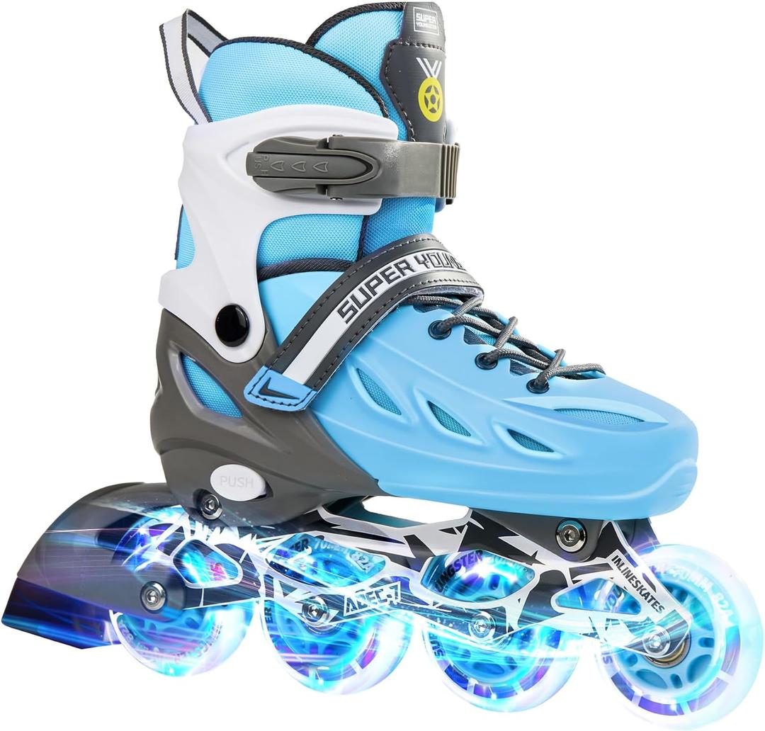 SUPER YOUNGSTER Adjustable Inline Skates for Boys Girls with Light Up Wheels, Roller Skates Blades for Youth Kids Indoor & Outdoor Beginners Size: Medium-Big Kid (1-4 US)