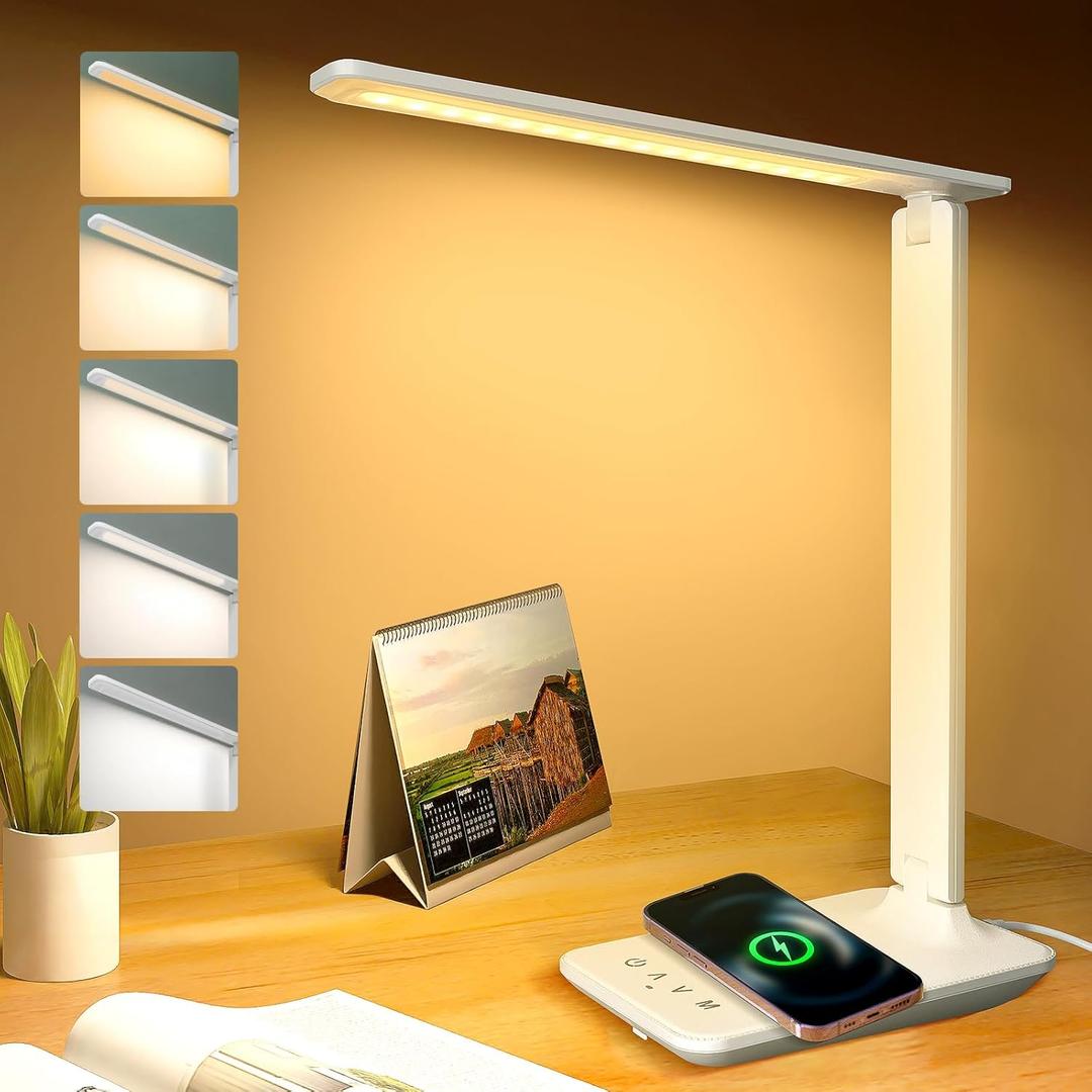 LED Desk Lamp for Office Home, Bright Desk Light with USB Charging Port, Adjustable Dimmable Desk Lamps 5 Modes 5 Brightness, Touch Study Lamp for Nail, Craft, Puzzle, Sewing, Study, White Pro