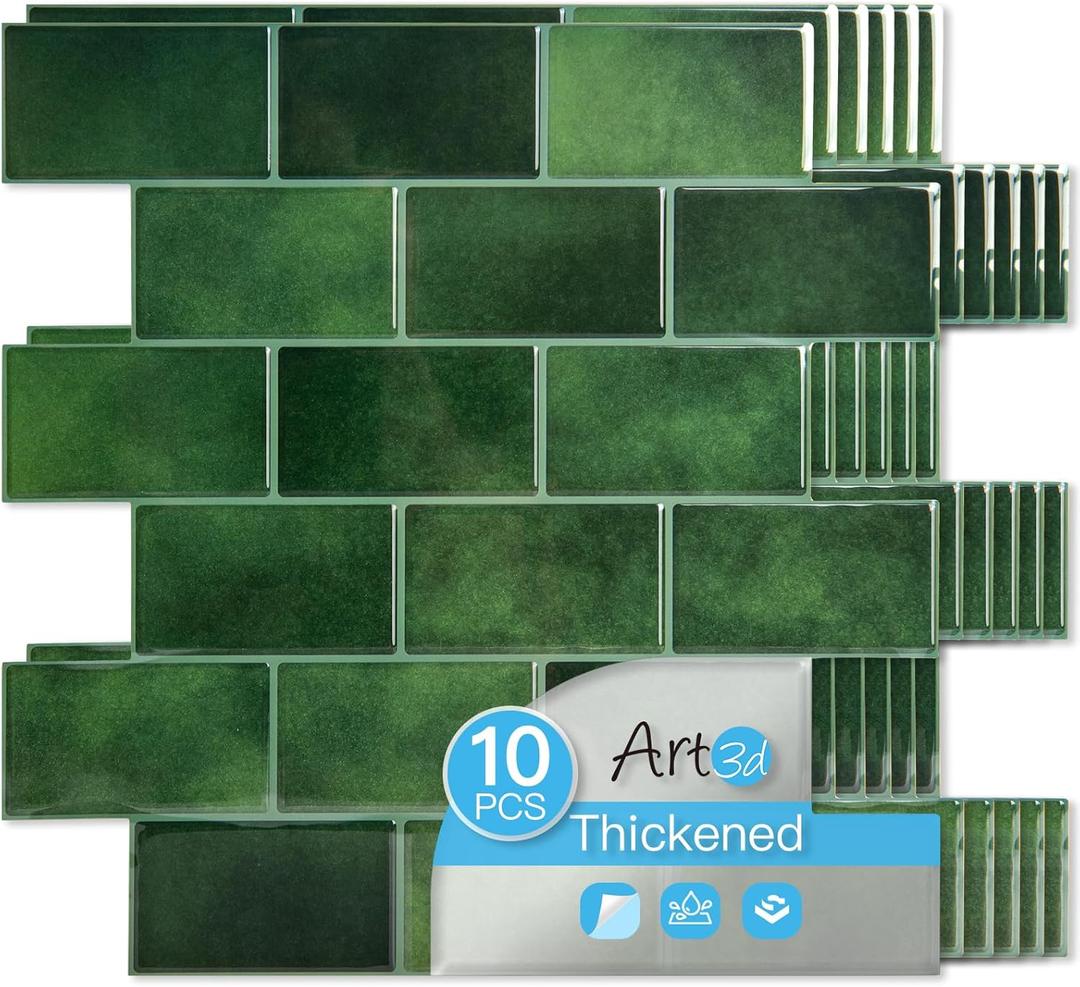 Art3d Peel and Stick Green Wall Tiles  12"x12" Thicker Design Backsplash, Self-Adhesive Tile for Kitchen & Bathroom Renovation