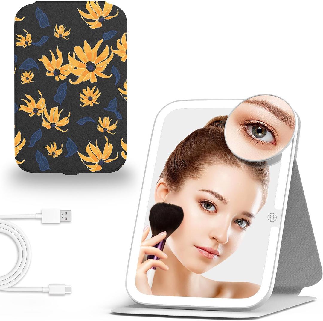 Mocado Travel Makeup Mirror with Lights, 360 Rotation Lighted Makeup Mirror, Portable Mirror with 10x Magnification, 60LEDs 3 Color Lightings, Dimmable Touch Screen, Tabletop Light up(Daisy)