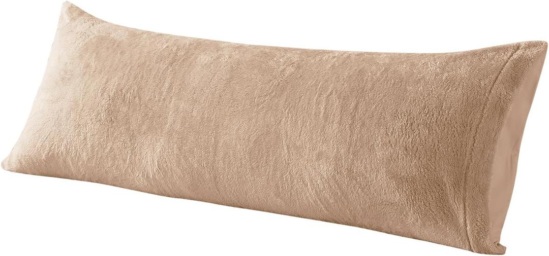 Whatsbedding Sherpa Body Pillow Cover, Ultra Soft Faux Fur Body Pillowcase, Luxury Shaggy Plush Long Pillowcase, Envelope Closure - Khaki (20x54 inch)