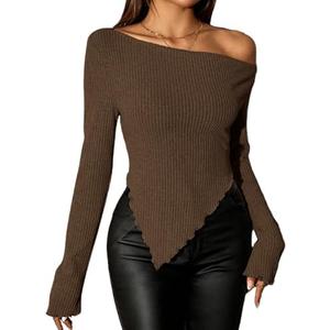 Milumia Women's Sexy Ribbed Knit Asymmetrical Hem Long Sleeve Shirts Top One Off The Shoulder Crop Top, M