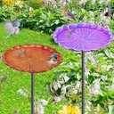 MeyRolizn 2PCS Hummingbird Bird Bath for Outside, Freestanding Metal Flower BirdBaths Bowl with Stake, Detachable Birdfeeder for Outdoor Yard Lawn Garden Decor (2PCS-Purple-Orange)