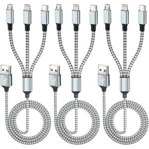 Multi Charging Cable(3Pack 4FT), 3 in 1 Charging Cable for Multiple Devices, Multi Phone Charger Cord with Type-C, Micro USB and IP Port for iPhone 16/15/14/13/iPad/Android/Tablets and More (Greywhite)