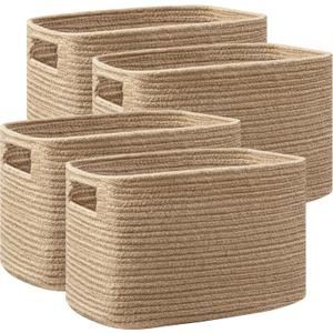 UBBCARE 4 Pack Storage Baskets for Organizing, Shelf Baskets with Handles, Woven Storage Baskets for Bookcase/Cube Shelf/Closet, 14.5"L x 9.8"W x 9"H, Jute