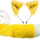 Handmade Fox Wolf Ears Headband and Faux Fur Tail for Halloween Cosplay Party Costume Accessories (Yellow)