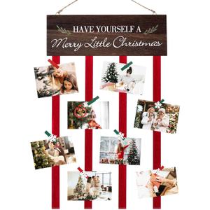 Christmas Card Holder Display, Merry Christmas Wooden Hanging Picture Holders, Xmas Card Display with 24 Photo Clips, Xmas Wall Door Window Home Decor