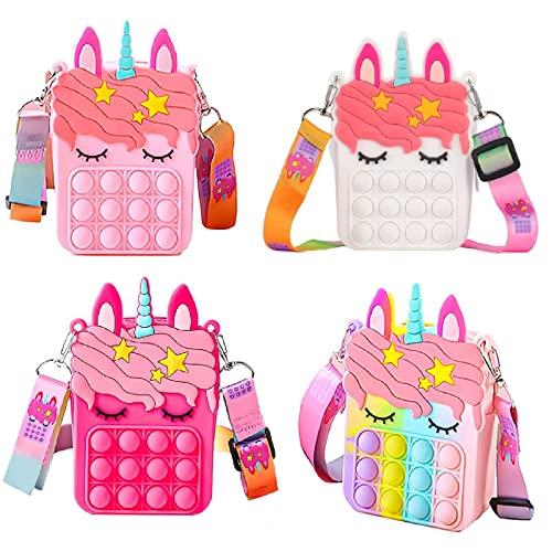 Gifts for Kids 4 Packs Unicorn Purses Fashion Fidgets Fashion Pop Purse Push Bubbles Fidget Toy Rainbow Unicorn Purse Wallet Ladies Bag Silica Dimple Crossbody Bags