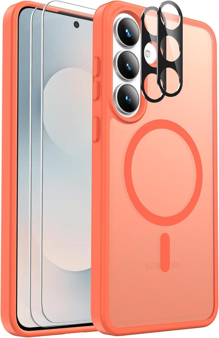 Ezanmull for Samsung Galaxy S25 FE Case Magnetic Shockproof, [Fit for MagSafe] [Glass Screen Protector + Camera Lens Protector] Translucent Anti-Fingerprint (Orange)