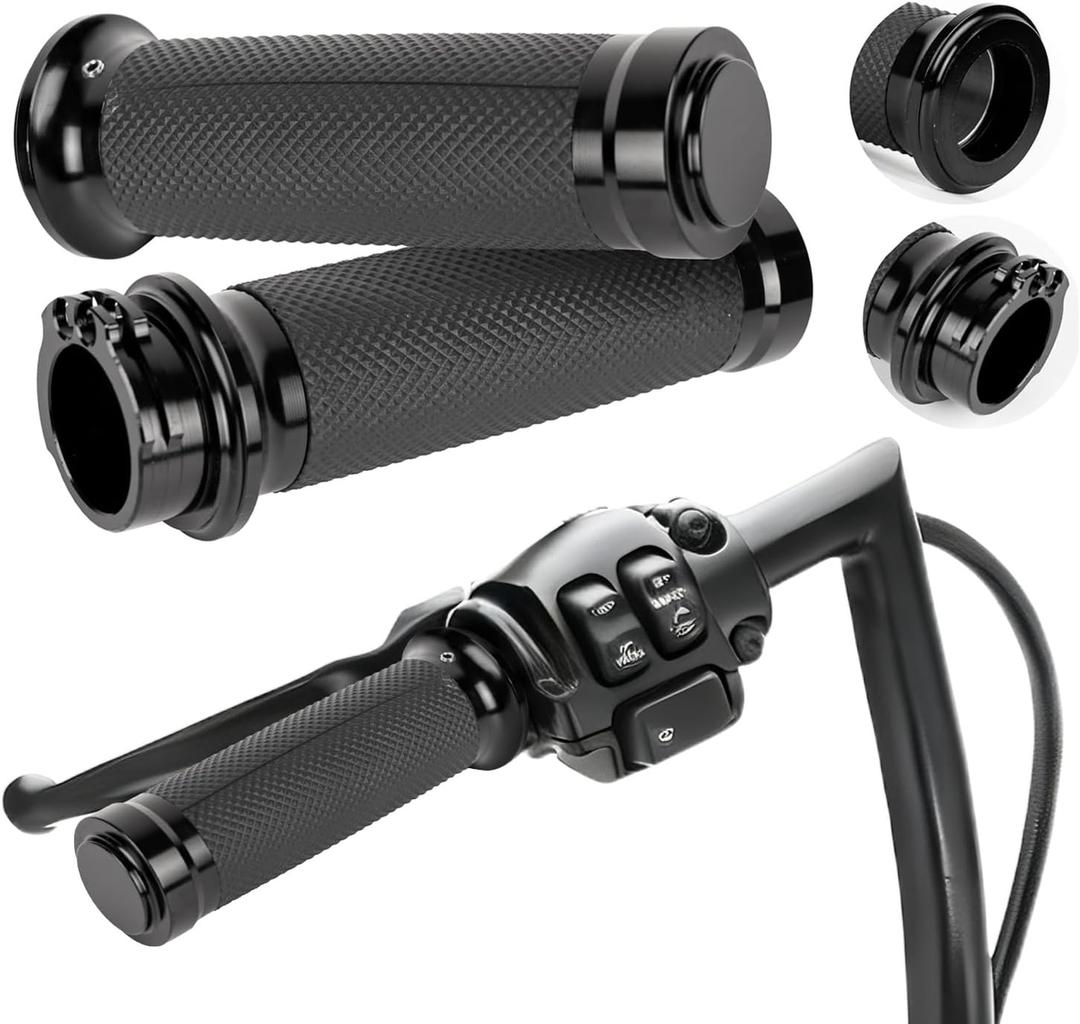 BlueStars 1" 25mm Motorcycle Handlebar Grips Black, Durable Non-Slip Rubber, Cable Throttle Fit for Sportster 883 1200 Dyna Softail Touring Models