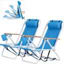 Outvita Folding Beach Chair Adjustable Headrest w/4 Flexible Tilt Angle, Cup Holder Portable High Strength Cleanable Fabric, for Sand Camping Lawn Concert Travel Festival (Blue) 2 Pack