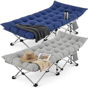 Folding Camping Cot for Adults - 2 Pack Heavy Duty Sleeping Cots with Carry Bag Double Layer Oxford Portable Travel Camp Cots for Outdoor Camp Beach Home Office (Blue Pad & Gray Pad, 2PACK)