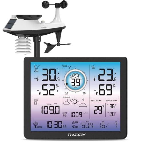 Raddy VP7 5-in-1 Weather Station Wireless for Indoor Outdoor | 7.4" Large Digital Color Display, with Barometer, Rain Gauge, Wind Speed, Atomic Clock, Weather Forecast, Temperature Humidity Monitor