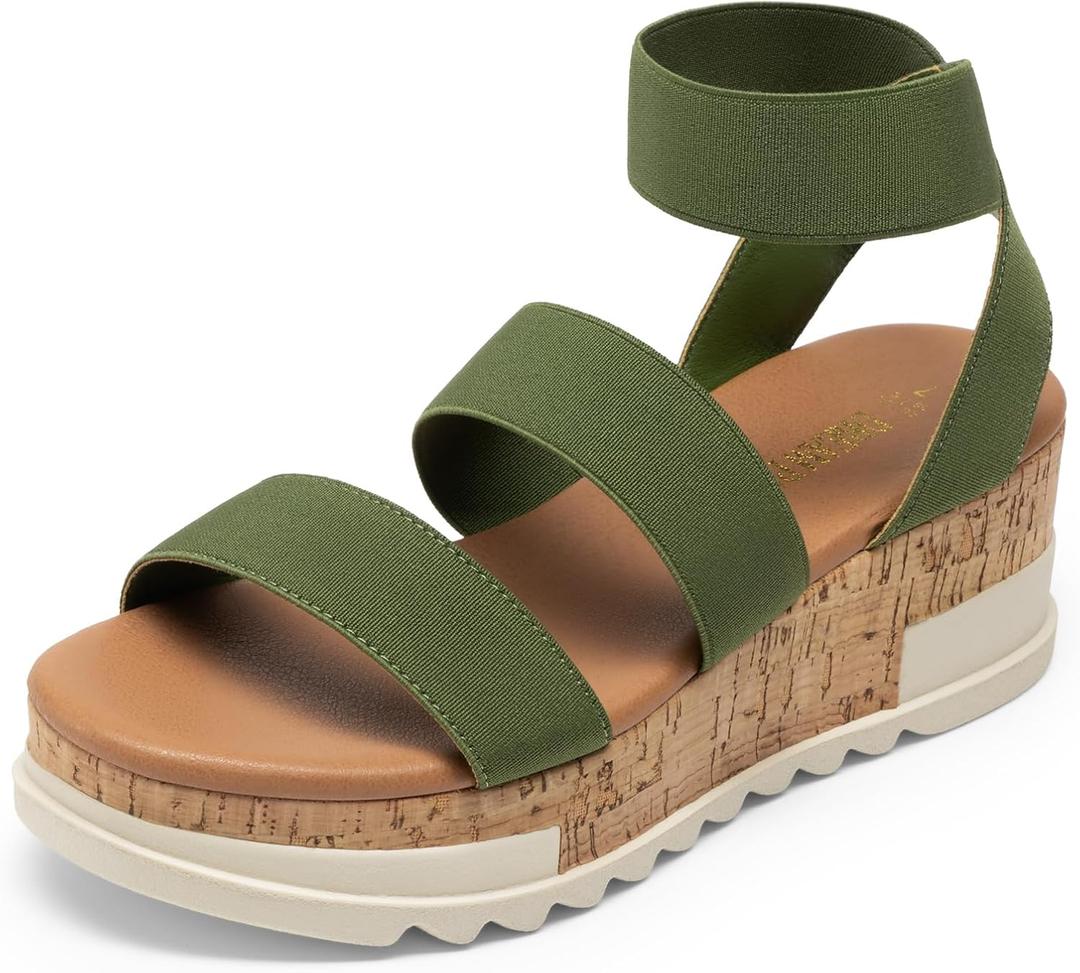 DREAM PAIRS Women's Open Toe Elastic Ankle Strap Casual Flatform Platform Wedges Sandals, Size 8, Army Green, REED-1