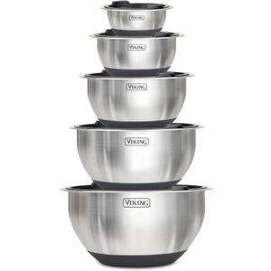 Viking Mixing Bowls Set, 10 Piece Stainless Steel Kitchen Cookware, Non-Slip Silicone Base, Includes Tight Fit Lids, Dishwasher Safe, Black