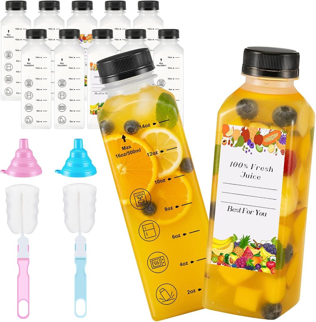 LemonRoad 12 Pcs 16 oz Juice Bottles with Lids, Dishwasher Safe Reusable Plastic Bottles with Caps, Measurement Markings, Clear Bulk Beverage Containers for Juice, Milk, Smoothie, Other Beverages