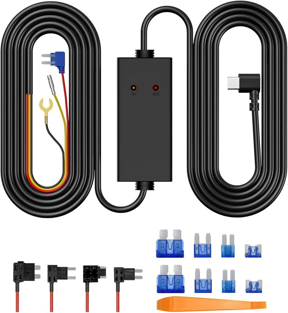 Veement 11.5ft Type-C Dash Cam Hardwire Kit (V5F), 12V-24V to5V 3A Car Dashboard Cam Charger Power Cable with 4 Fuse Taps, Low Voltage Protection for V200V200ProV300S80VT10