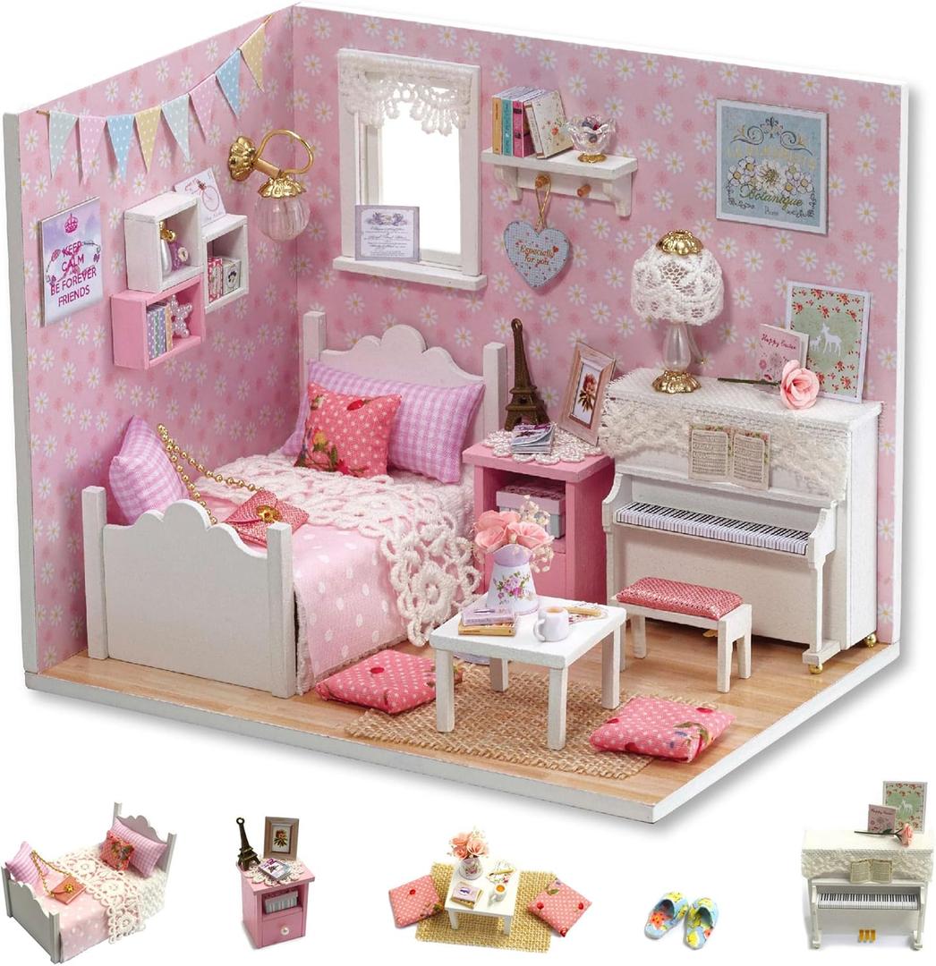 Flever DIY Miniature House Kit, Tiny Home Kit with LED Light, Mini House Build Craft Kits for Adults and Teens, Home Decor Creative Gift for Family/Friends (Sunny Princess)