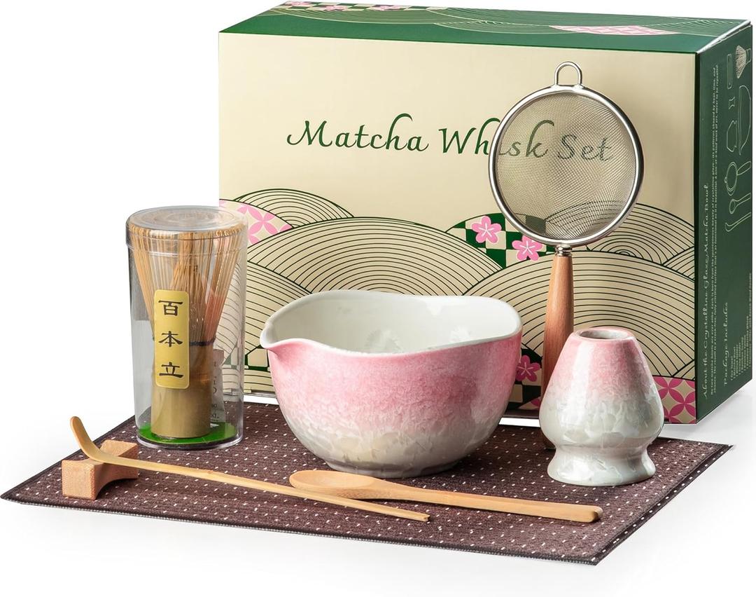 Matcha Whisk Set, Handcrafted Crystalline Glaze Matcha Set, 8 Pcs Matcha Kit Includes Matcha Bowl, Whisk with Holder, Bamboo Scoop & Spoon, Sifter and Tea Towel, Ceremonial Matcha Tea Set (Pink)