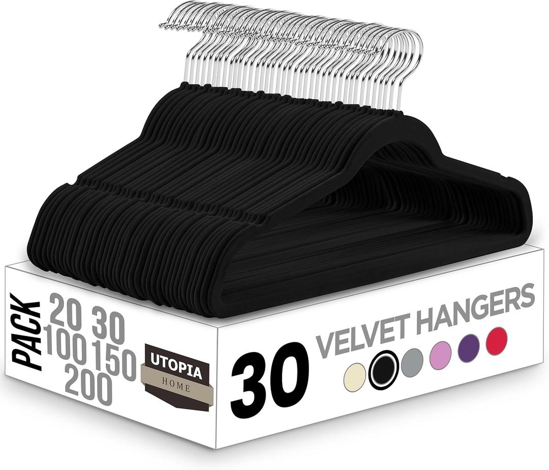 Utopia Home Velvet Hangers 30 Pack - Non-Slip Suit Hangers with 360 Degree Rotatable Hook - for Pants, Coats, Shirts & More (Black)