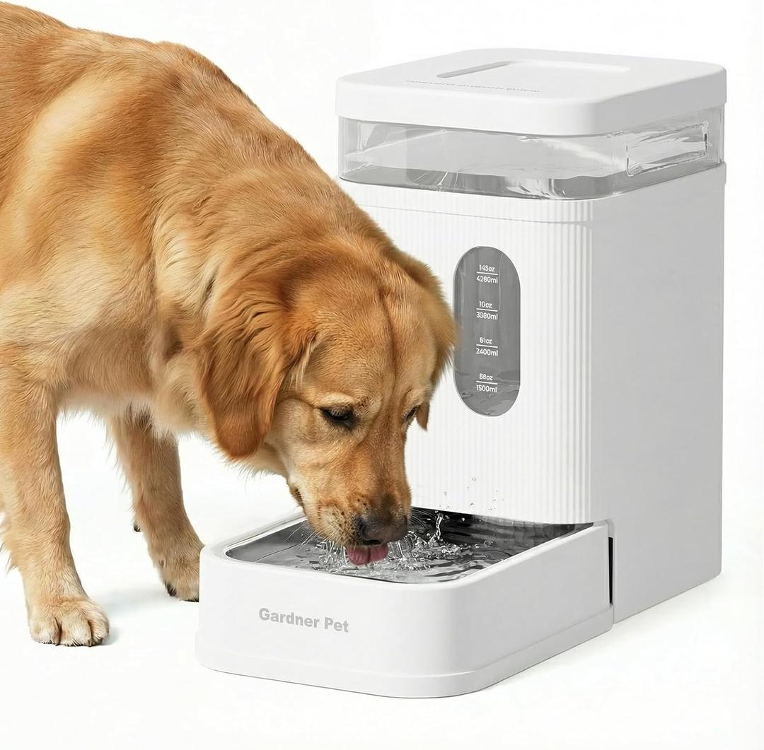 Gardner Pet 1.7 Gallon Automatic Dog Water Bowl Dispenser 6.5L Gravity Water Feeder with Stainless Steel Bowl & Maifan Stone Filter, BPA-Free for for Cats and Dogs (White, 1.7 Gallon)