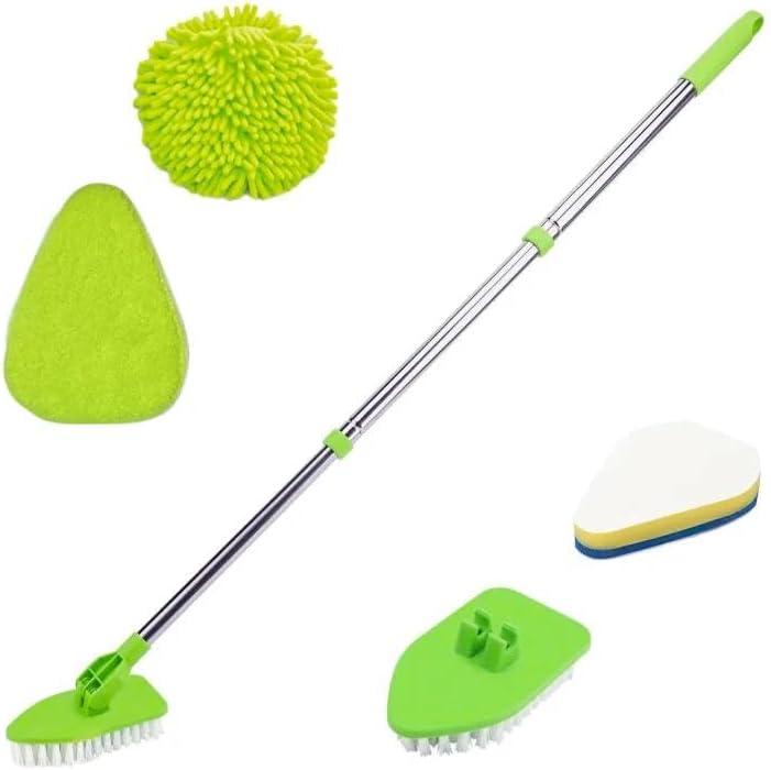 4-in-1 Tile Tub Floor Scrubber with 52-inch Adjustable Long Handle Shower Cleaner Brush with V-Shaped Grout Brush and 3 Replacement Brush Heads for Cleaning Bathroom Kitchen Walls Tub Tile