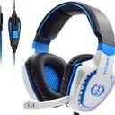 Stereo Gaming Headset for PC, Surround Sound Noise Isolation Wired Over Ear Headphones with Mic, Deep Bass, Soft Memory Earmuffs for Laptop Desktop Computer (White Blue)