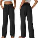 SEMARO Womens Casual High Waisted Linen Pants Wide Leg Lounge Palazzo Trousers Beach Outfits with Pockets (Black, L)