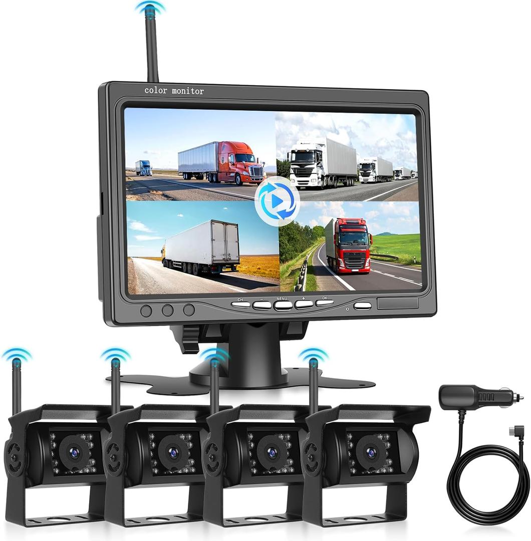 4 Channel Backup Camera for Car Truck Digital Wireless Rear View Monitor with Blind Spot Warning Reverse Cameras Waterproof Night Vision, Recording, Driauto 7 Inch Quad Split Screen Camera System