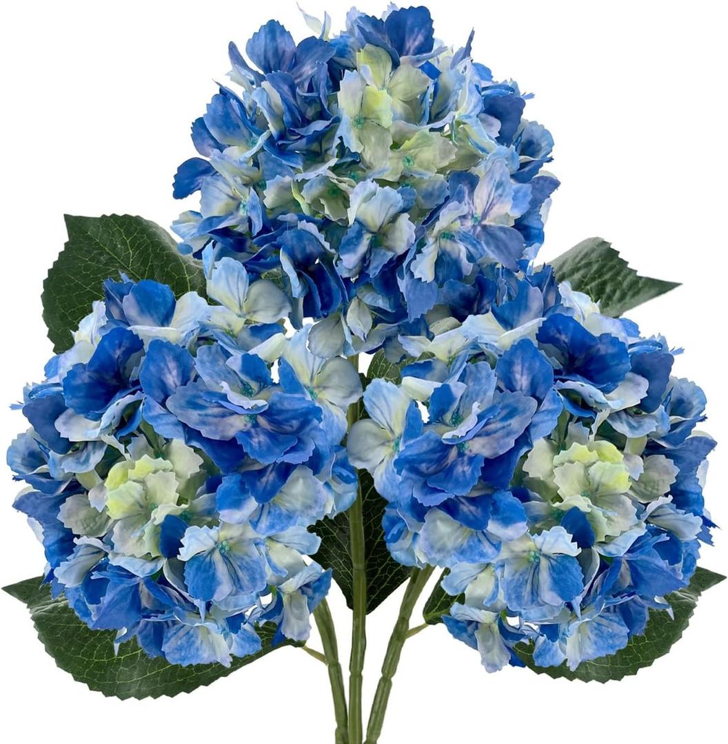 3PCS Blue Silk Hydrangea Artificial FlowersFake Flowers & Faux Floral Bulk Bouquet for Home Decor Bathroom Table Centerpiece Shelf Decorations (Blue)