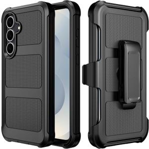 Samsung Galaxy S25 Case, Heavy Duty Protective Case Rugged Shockproof Phone Cover with Belt Clip Holster/Kickstand for Samsung Galaxy S25 (Black, S25)