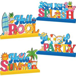 4pcs Pool Party Decorations Wood Table Centerpieces,Hello Summer Splish Splash Party Table Decorations Hawaii Tropic Style Wooden Tabletop Decor for Summer Holiday