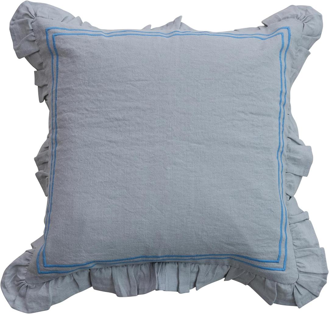 Creative Co-Op Cotton and Linen Pillow with Embroidered Stripes and Ruffle, Blue