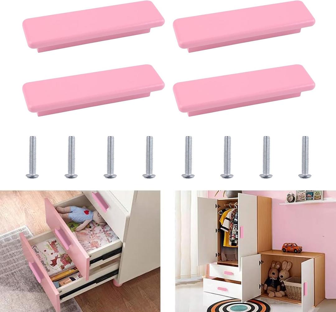 INCREWAY Wood Pulls, 4 Pack 3.78 Inch(96mm) Hole Centers Cartoon Kitchen Cabinet Drawer Dresser Cupboard Handle Pull Knobs, Rectangle Kids Bedroom Furniture Hardware, Pink