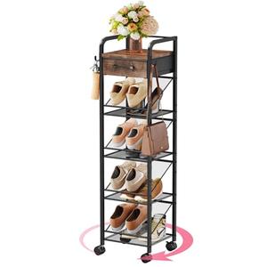 SWTYMIKI Rolling Vertical Shoe Rack - Shoe Tower with Drawer and Hooks, Shoe Storage Organizer for Entryway Closet Bedroom, Space-Saving Wood and Metal Narrow Shoe Shelf, Espresso
